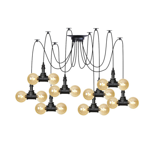 Industrial Orb Amber Glass Pendant Lamp - Multi Hanging Light Fixture (4/6/12 Bulbs) in Black