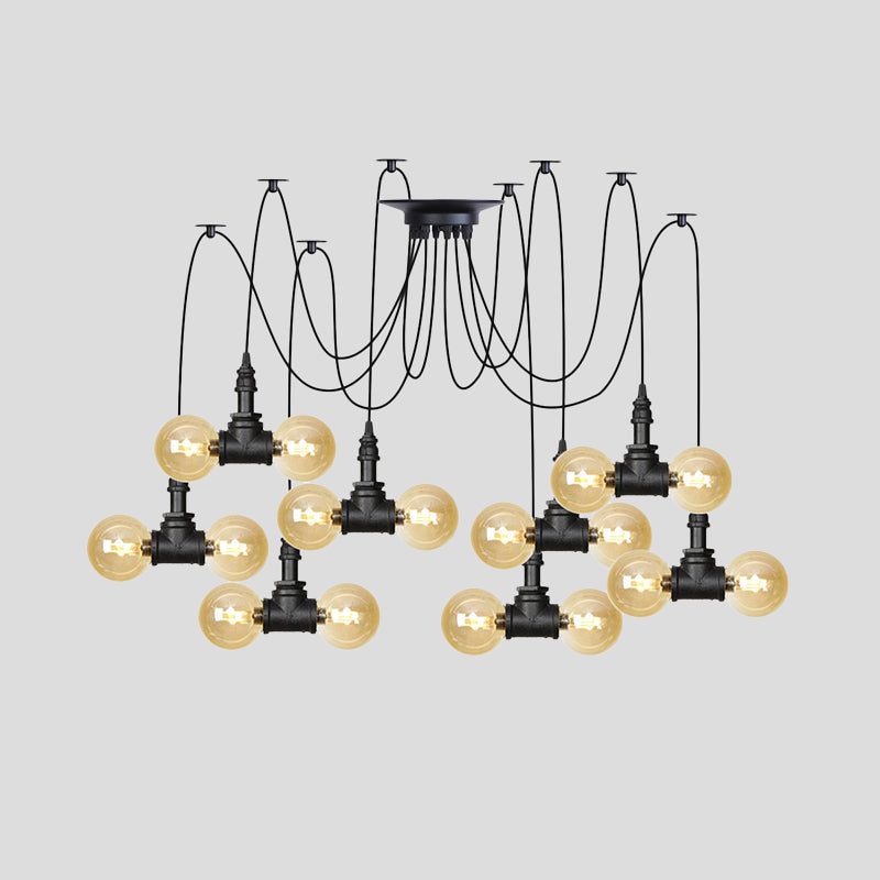 Industrial Orb Amber Glass Swag Pendant Lamp - 4/6/12 Bulbs Multi Hanging Light Fixture Black