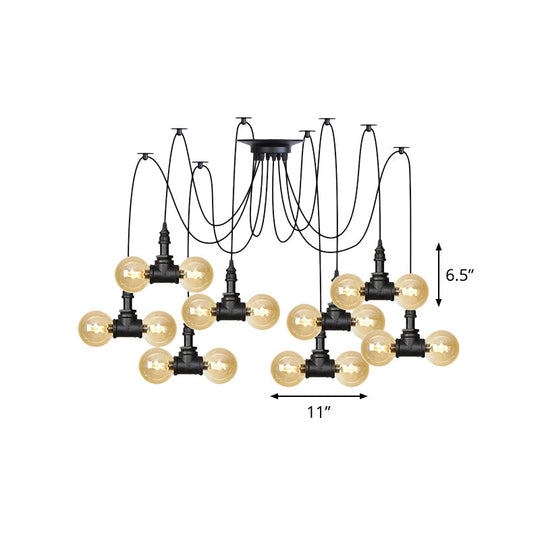 Industrial Orb Amber Glass Swag Pendant Lamp - 4/6/12 Bulbs Multi Hanging Light Fixture Black