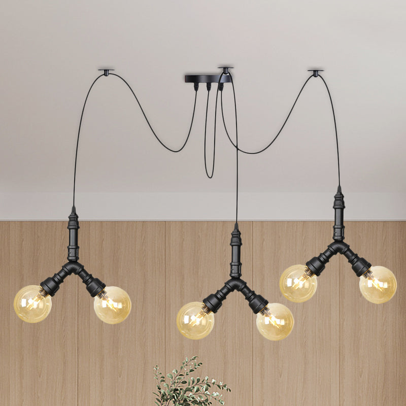 Industrial Swag Pendant Light - Amber Glass Globe, Multiple Ceiling Lights, LED, Black Finish - Perfect for Restaurants!