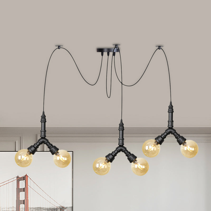 Industrial Swag Pendant Light - Amber Glass Globe, Multiple Ceiling Lights, LED, Black Finish - Perfect for Restaurants!