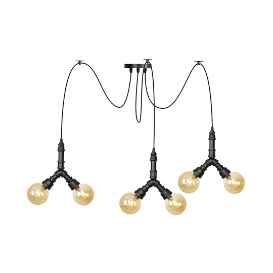 Industrial Swag Pendant Light - Amber Glass Globe, Multiple Ceiling Lights, LED, Black Finish - Perfect for Restaurants!