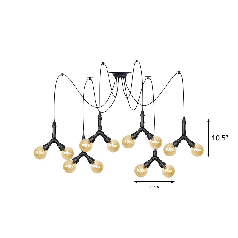 Industrial Amber Glass Globe Swag Ceiling Light With Led - 4/6/12 Lights For Restaurant And Home In