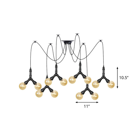 Industrial Amber Glass Globe Swag Ceiling Light With Led - 4/6/12 Lights For Restaurant And Home In