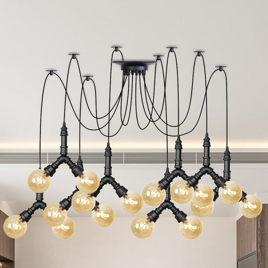 Industrial Amber Glass Globe Swag Ceiling Light With Led - 4/6/12 Lights For Restaurant And Home In