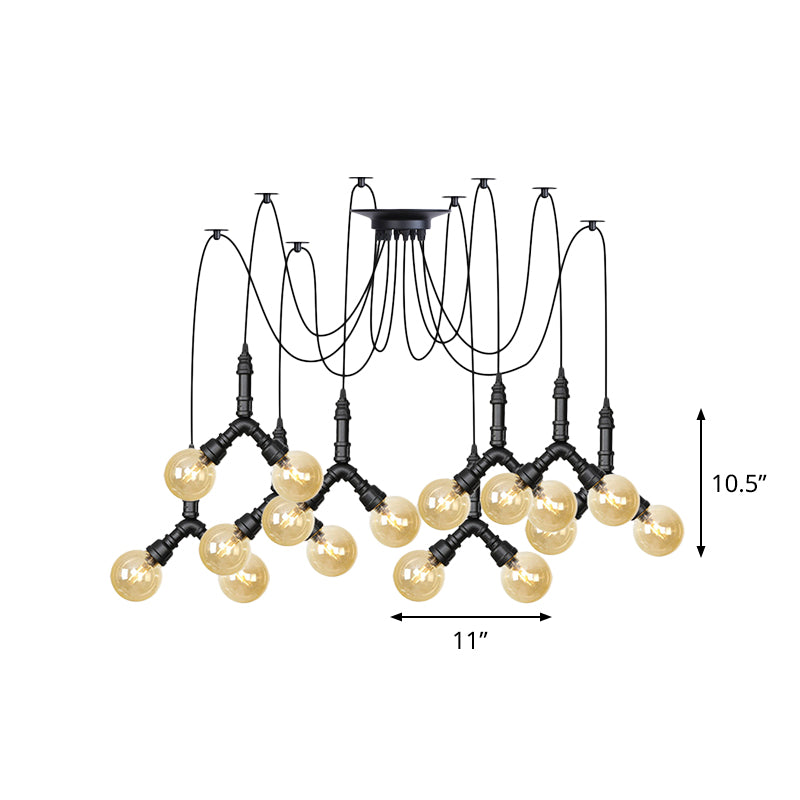 Industrial Amber Glass Globe Swag Ceiling Light With Led - 4/6/12 Lights For Restaurant And Home In