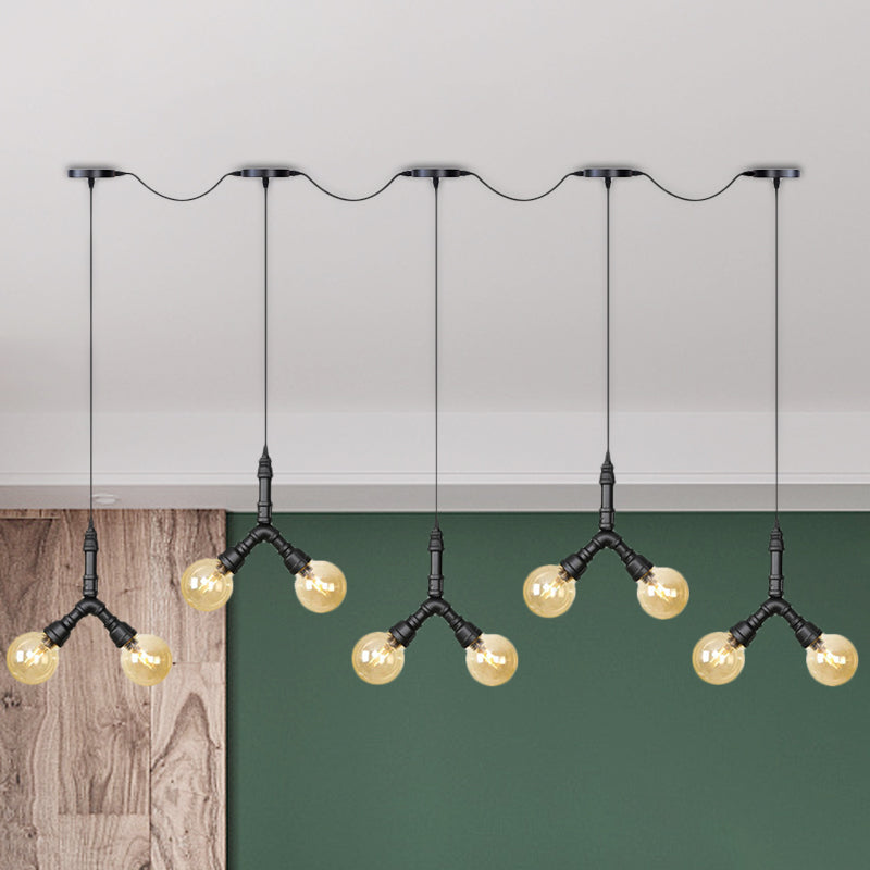 Vintage Sphere Led Pendant Light Fixture: 6/10/14-Bulb Amber Glass Swag Hanging In Black 10 /