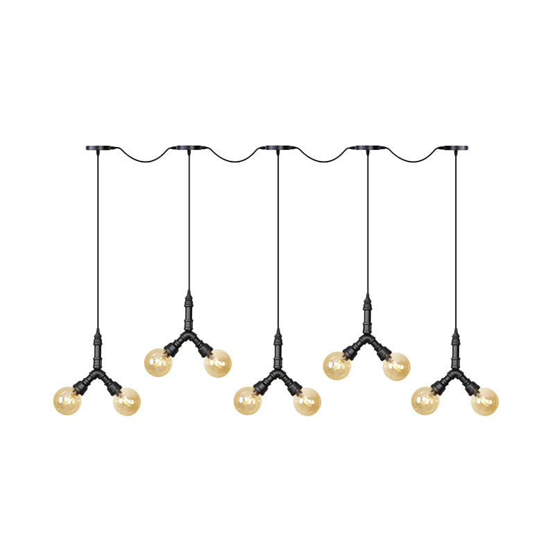 Vintage Amber Glass Swag Hanging Light Fixture - LED Multi Lamp Pendant with 6/10/14 Bulbs in Black