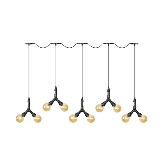 Vintage Amber Glass Swag Hanging Light Fixture - LED Multi Lamp Pendant with 6/10/14 Bulbs in Black