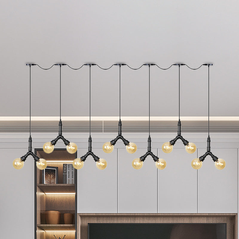 Vintage Amber Glass Swag Hanging Light Fixture - LED Multi Lamp Pendant with 6/10/14 Bulbs in Black