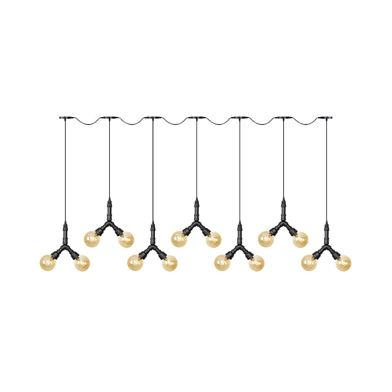 Vintage Amber Glass Swag Hanging Light Fixture - LED Multi Lamp Pendant with 6/10/14 Bulbs in Black