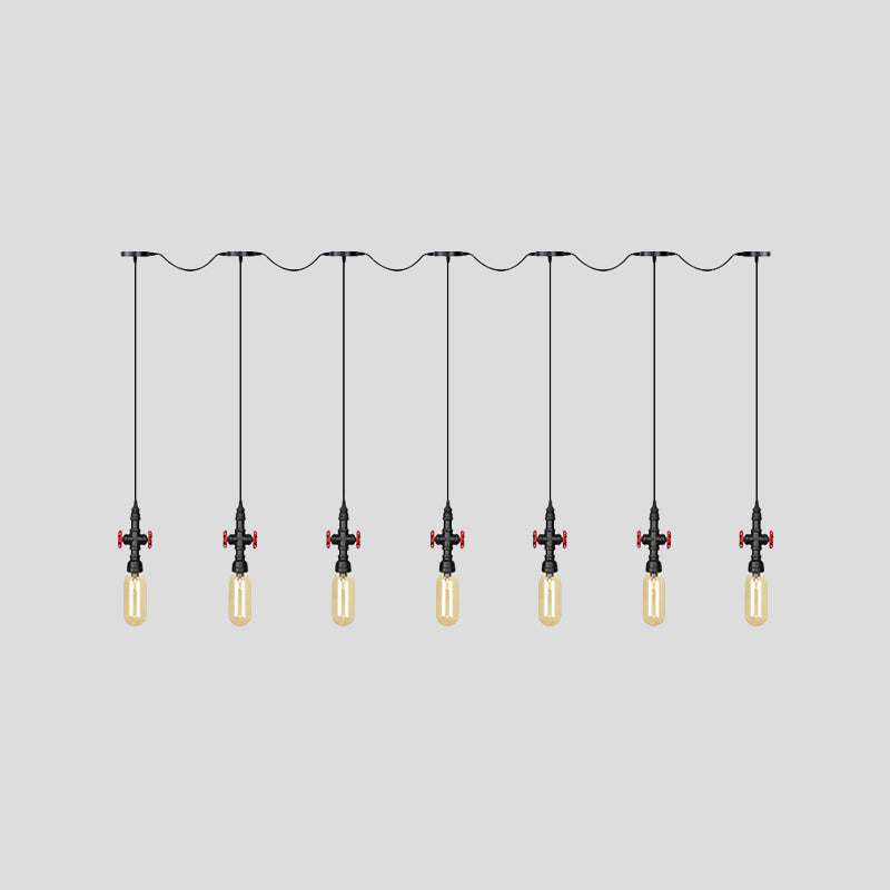 Industrial Amber Glass Multi-Pendant Hanging Lamp Kit - Black Capsule Tandem 3/5/7-Light Option For