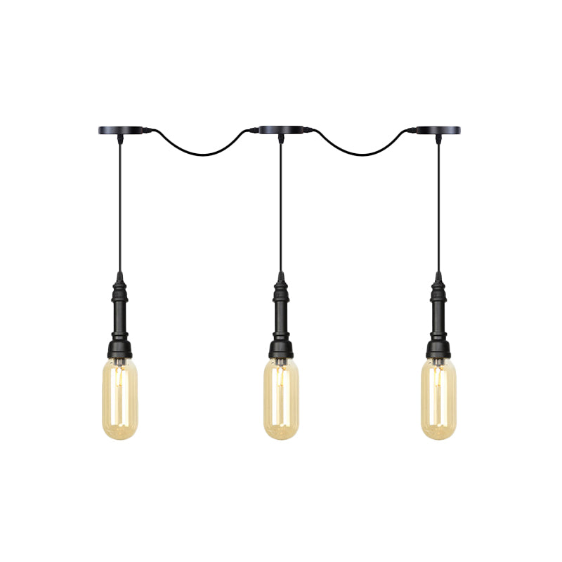 Modern Industrial Amber Glass Chandelier with LED Lights - Black Finish, Tandem Hanging Ceiling Lamp