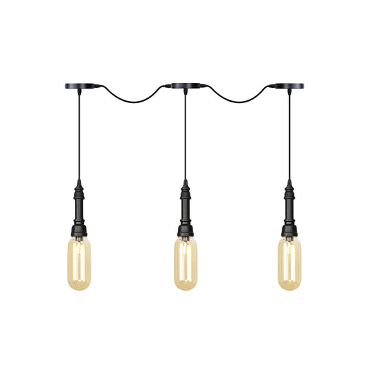 Modern Industrial Amber Glass Chandelier with LED Lights - Black Finish, Tandem Hanging Ceiling Lamp