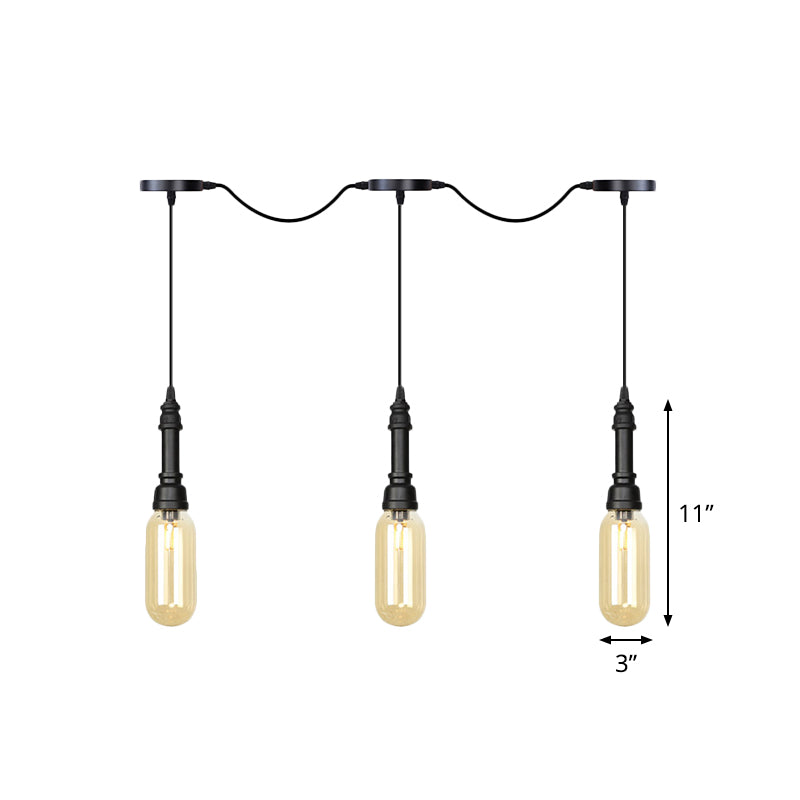 Modern Industrial Amber Glass Chandelier with LED Lights - Black Finish, Tandem Hanging Ceiling Lamp