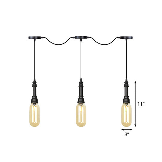 Modern Industrial Amber Glass Chandelier with LED Lights - Black Finish, Tandem Hanging Ceiling Lamp