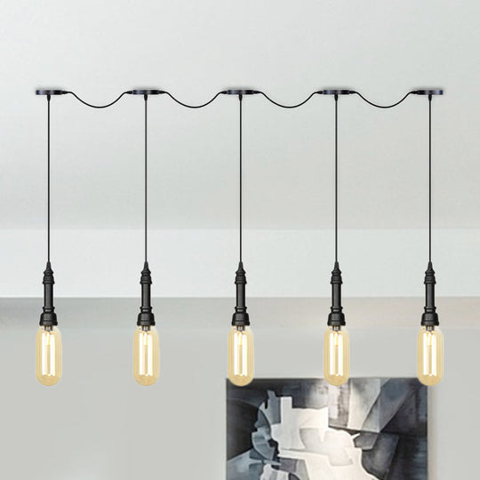 Modern Industrial Amber Glass Chandelier with LED Lights - Black Finish, Tandem Hanging Ceiling Lamp