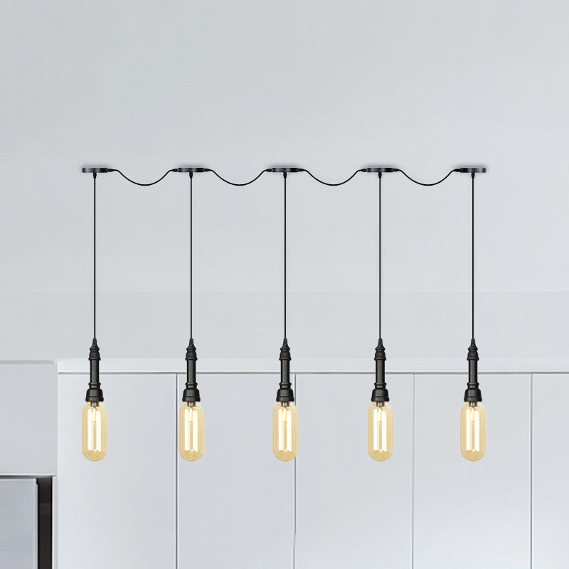 Modern Industrial Amber Glass Chandelier with LED Lights - Black Finish, Tandem Hanging Ceiling Lamp