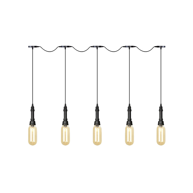 Modern Industrial Amber Glass Chandelier with LED Lights - Black Finish, Tandem Hanging Ceiling Lamp