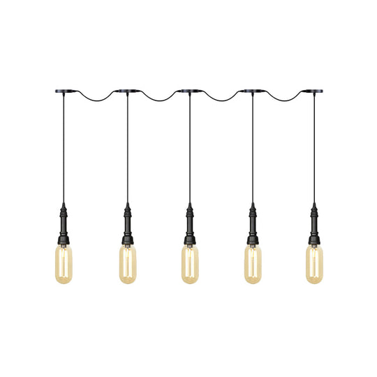 Modern Industrial Amber Glass Chandelier with LED Lights - Black Finish, Tandem Hanging Ceiling Lamp