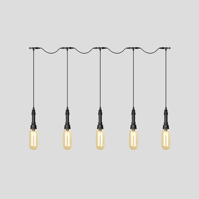 Modern Industrial Amber Glass Chandelier with LED Lights - Black Finish, Tandem Hanging Ceiling Lamp