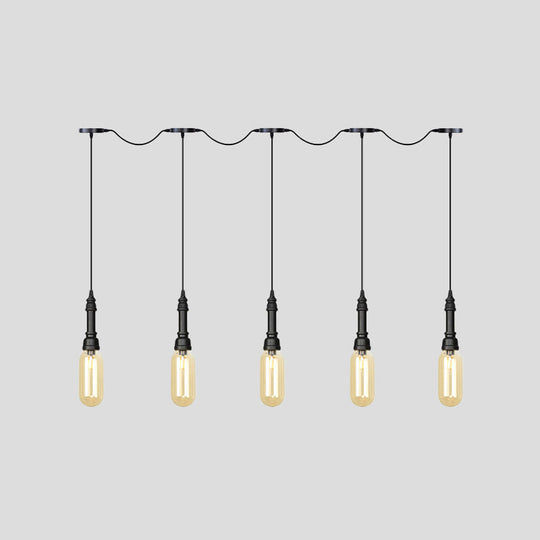 Industrial Black Finish Tandem Led Chandelier With 3/5/7 Lights And Amber Glass Capsules