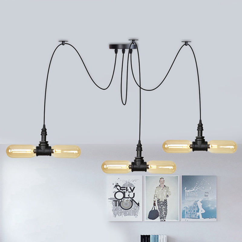 Vintage Black Capsule Pendant Swag Lamp With Amber Glass Led Bulbs - Perfect For Restaurants Multi