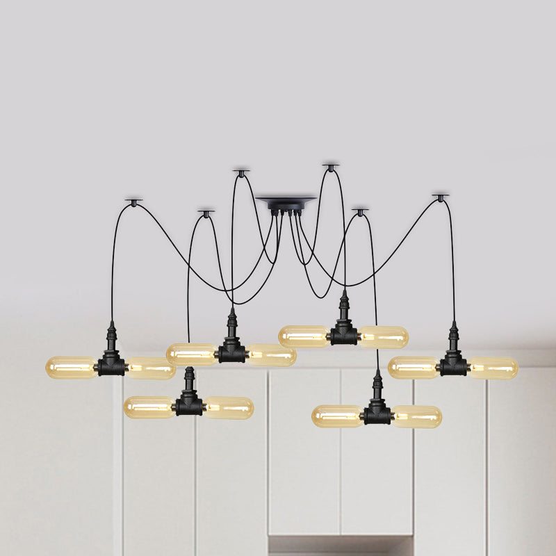 Vintage Black Capsule LED Pendant Lamp - Amber Glass, 4/6/12-Bulb, Restaurant Swag, Multi Ceiling Lighting