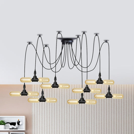 Vintage Black Capsule Pendant Swag Lamp With Amber Glass Led Bulbs - Perfect For Restaurants Multi