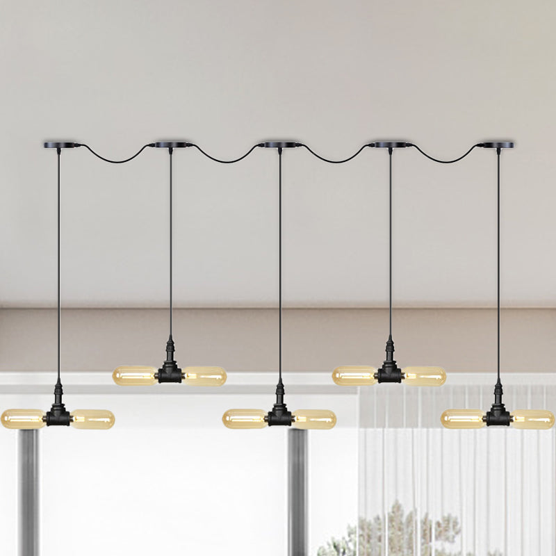 Antiqued Amber Glass Led Pendant Light With Black Hanging Capsule - 6/10/14-Light Tandem Multi Lamp