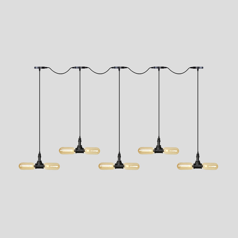 Antiqued LED Amber Glass Pendant Light – Black Hanging Capsule, 6/10/14-Light Tandem Multi Lamp