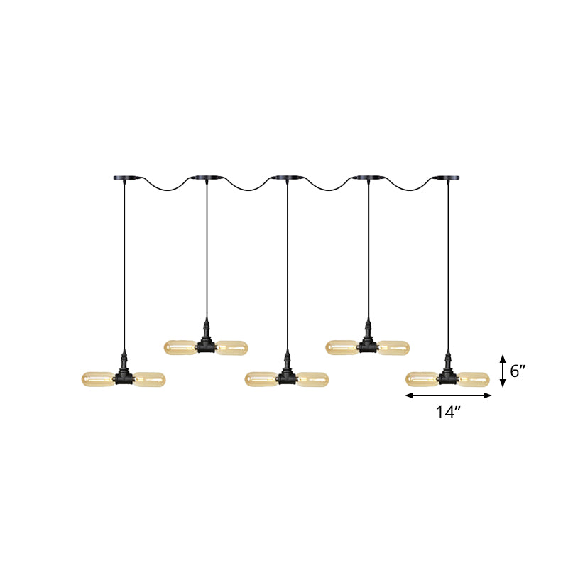 Antiqued LED Amber Glass Pendant Light – Black Hanging Capsule, 6/10/14-Light Tandem Multi Lamp