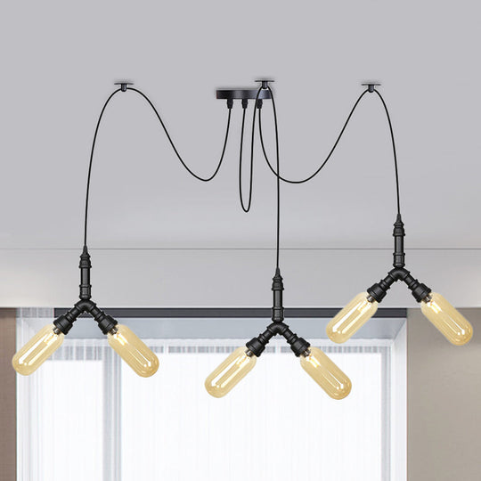 Amber Glass Swag LED Ceiling Lamp - Industrial Capsule Multi Hanging Light (4/6/12-Head) in Black