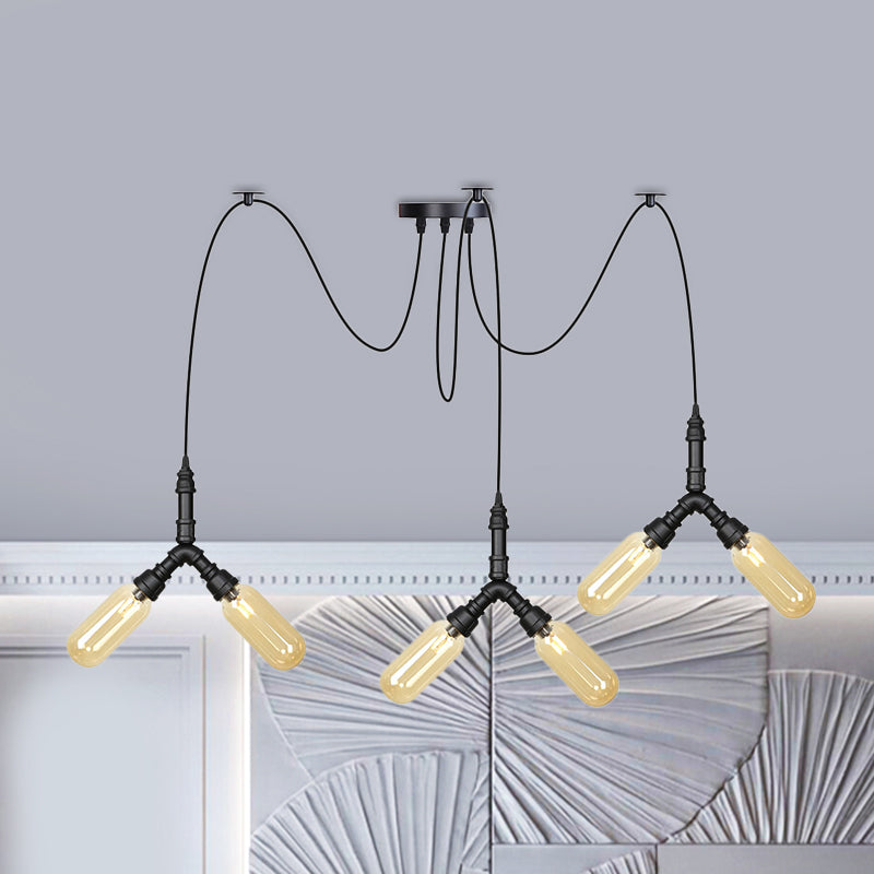 Amber Glass Swag LED Ceiling Lamp - Industrial Capsule Multi Hanging Light (4/6/12-Head) in Black