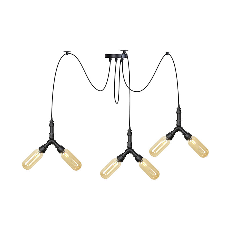 Industrial Amber Glass Swag Led Ceiling Lamp With Multiple Heads And Capsule Design In Black