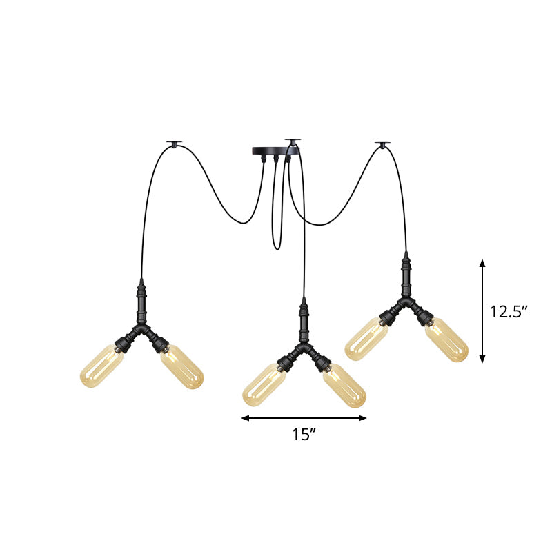 Industrial Amber Glass Swag Led Ceiling Lamp With Multiple Heads And Capsule Design In Black