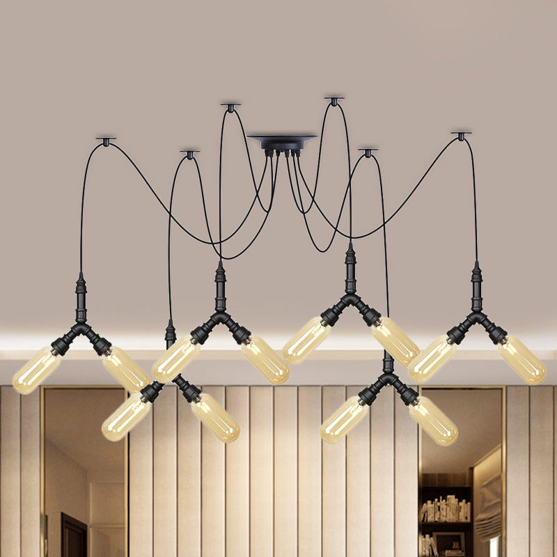 Industrial Amber Glass Swag Led Ceiling Lamp With Multiple Heads And Capsule Design In Black 12 /