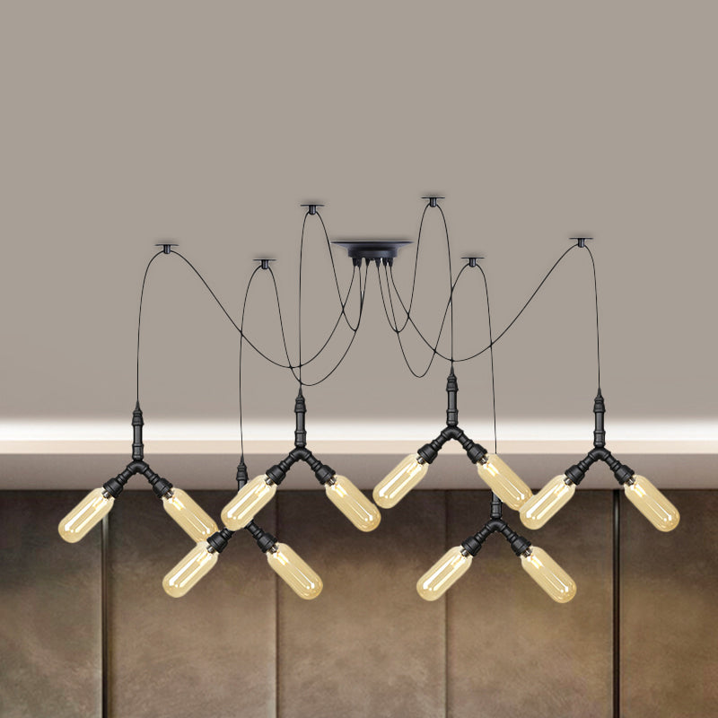 Amber Glass Swag LED Ceiling Lamp - Industrial Capsule Multi Hanging Light (4/6/12-Head) in Black