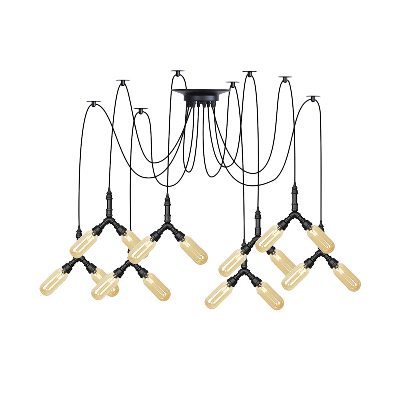 Industrial Amber Glass Swag Led Ceiling Lamp With Multiple Heads And Capsule Design In Black