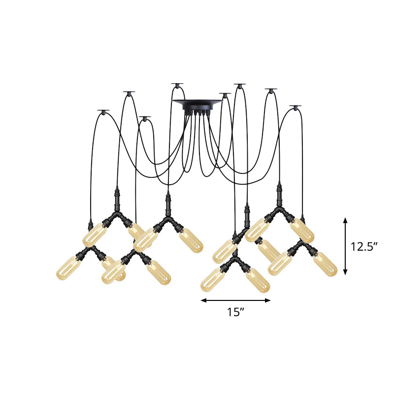 Amber Glass Swag LED Ceiling Lamp - Industrial Capsule Multi Hanging Light (4/6/12-Head) in Black