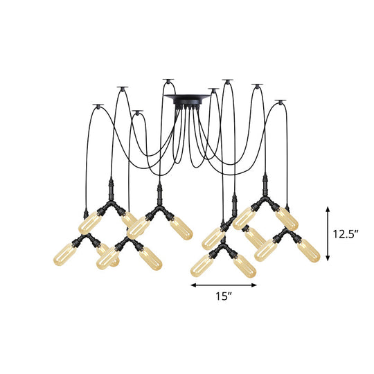 Amber Glass Swag LED Ceiling Lamp - Industrial Capsule Multi Hanging Light (4/6/12-Head) in Black