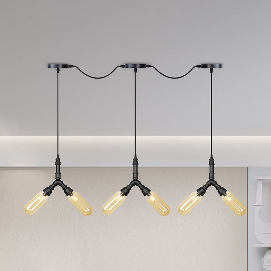 Industrial Restaurant Ceiling Light with Multi Bulbs: Tandem Pendant Lamp in Black with Colored Glass Shades