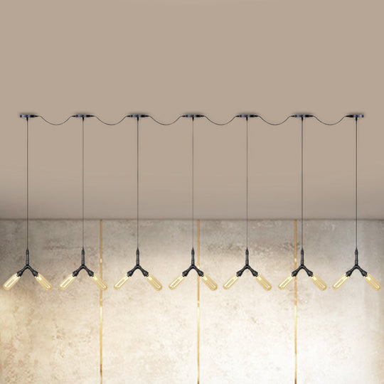 Industrial Restaurant Ceiling Light with Multi Bulbs: Tandem Pendant Lamp in Black with Colored Glass Shades