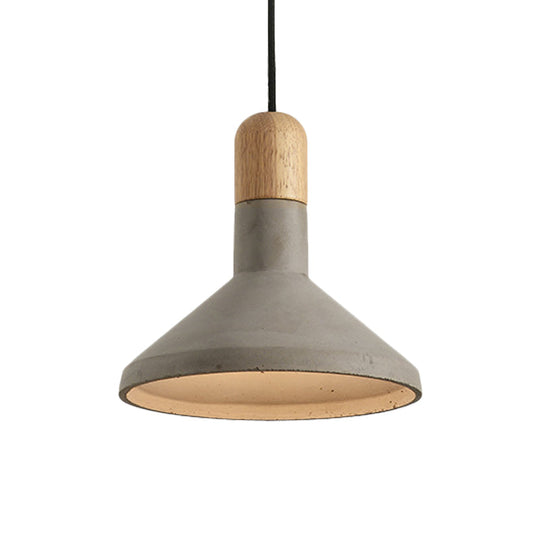 Vintage Flared Pendant Light Kit - Grey And Wood 1-Head Cement Hanging Ceiling Lamp