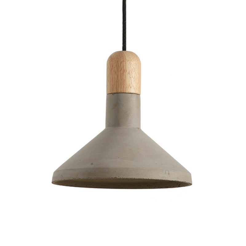 Vintage Flared Pendant Light Kit - Grey And Wood 1-Head Cement Hanging Ceiling Lamp