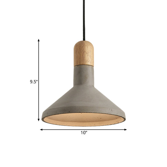 Vintage Flared Pendant Light Kit - Grey And Wood 1-Head Cement Hanging Ceiling Lamp