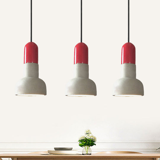 Dome Industrial Cement Pendant Light Fixture - 1 Grey With Red/Black/Wood Accent Ideal For