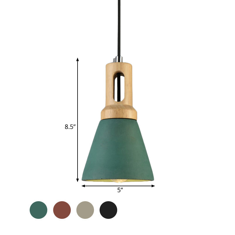 Vintage 1-Light Cement Hanging Pendant Lamp with Wood Bell Bar - Black/Grey/Red