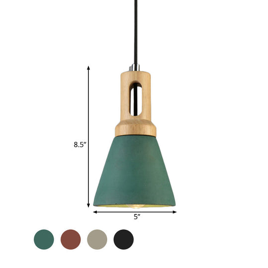 Vintage 1-Light Cement Hanging Pendant Lamp With Wood Bell Bar - Black/Grey/Red