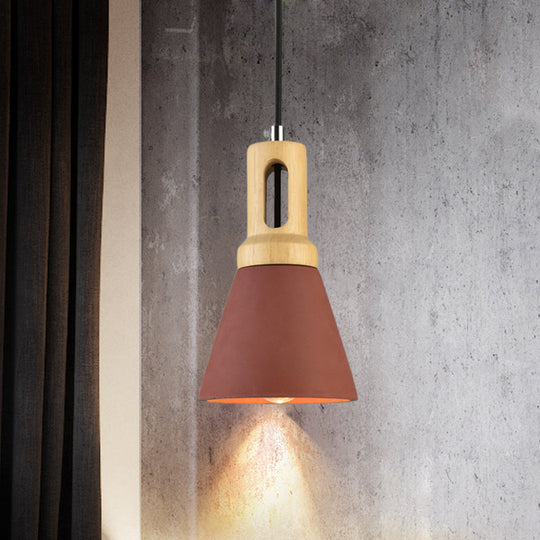 Vintage 1-Light Cement Hanging Pendant Lamp with Wood Bell Bar - Black/Grey/Red